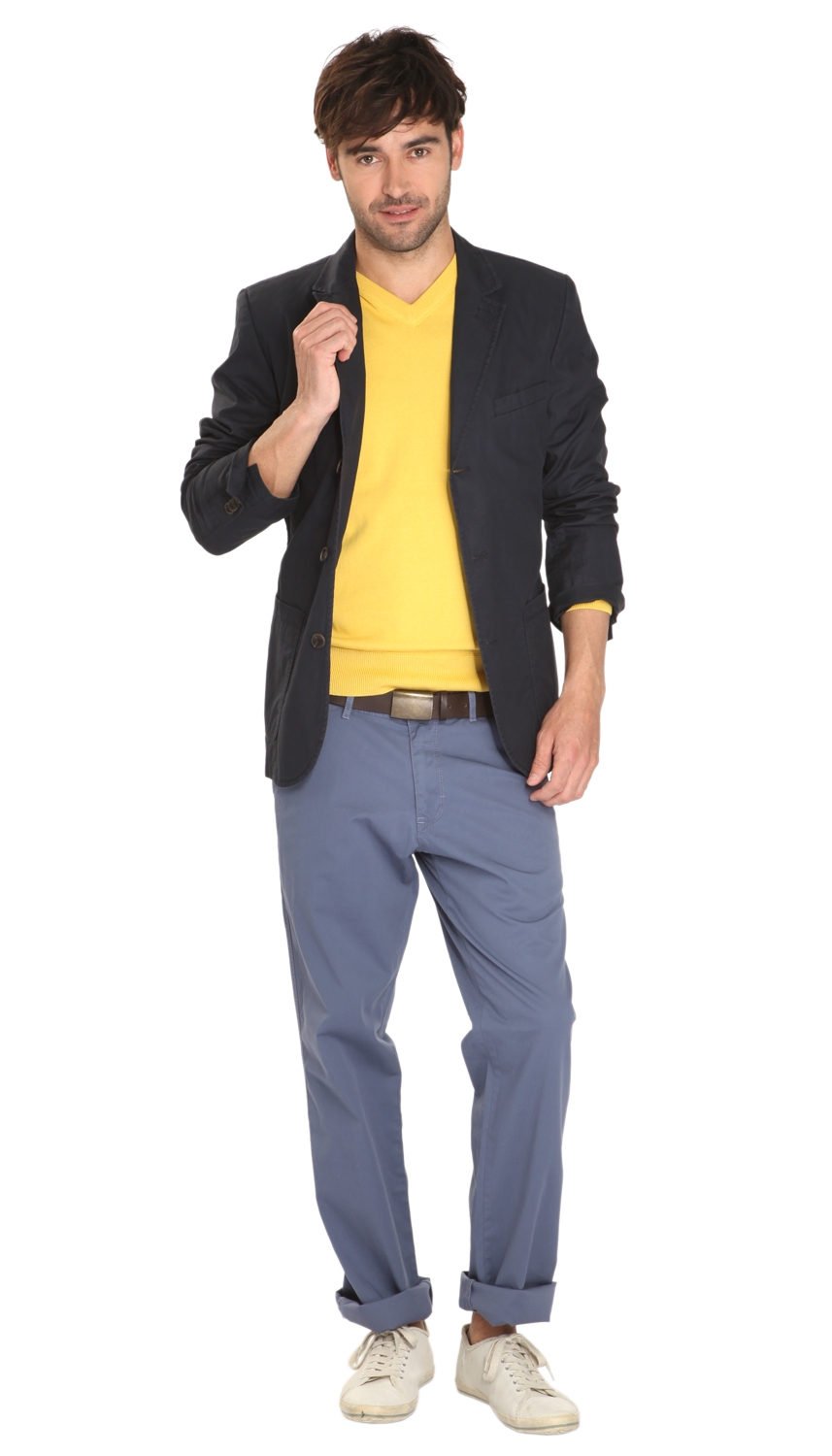 Outfit mit Sakko, Feinstrickpullover und Chino