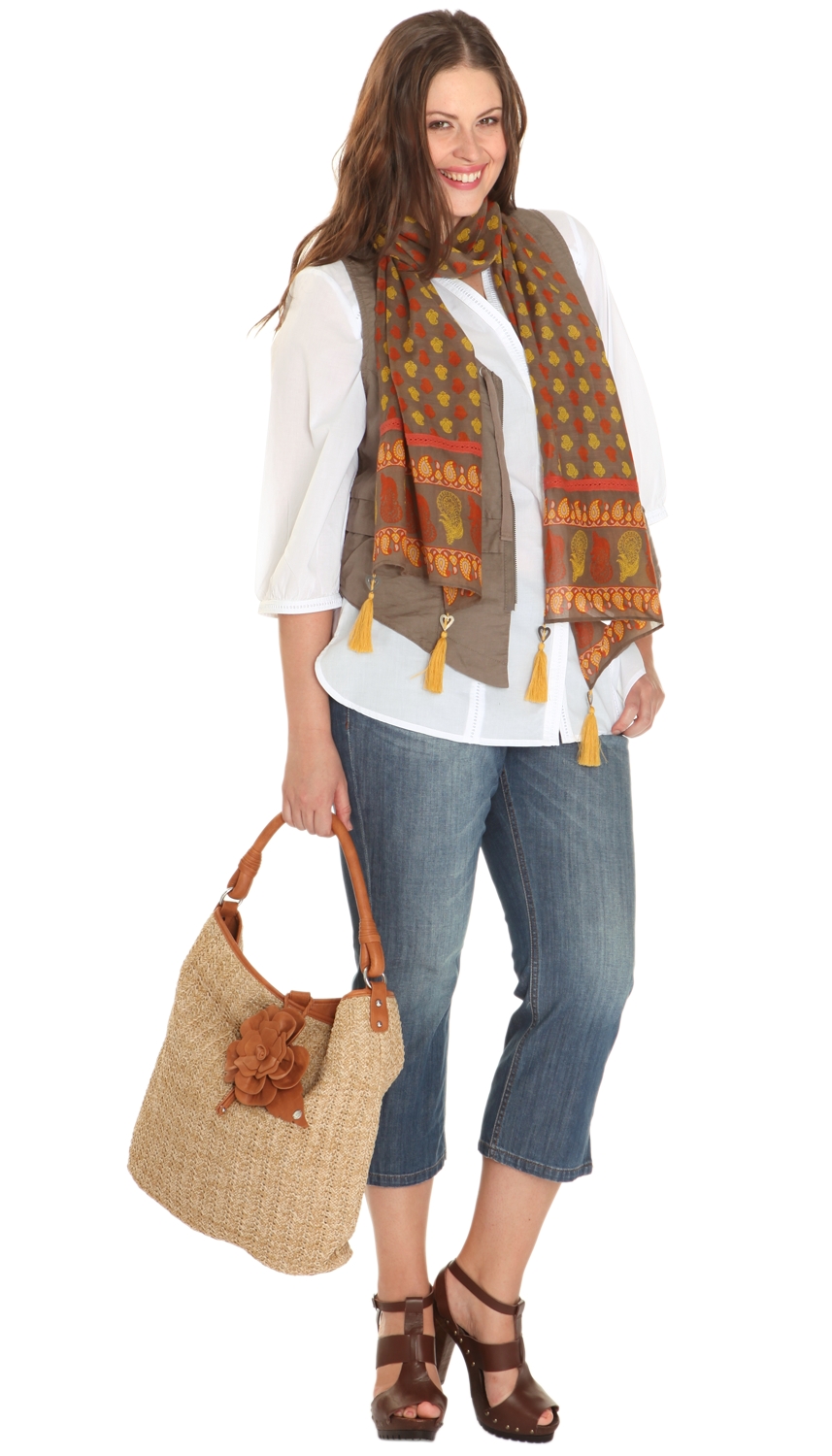Outfit mit Weste, Tunikabluse, 7/8 Jeans und Tasche